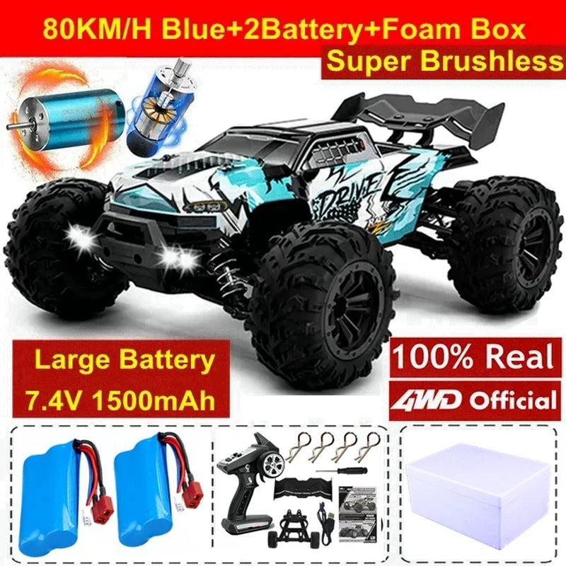 1:16 80Km/H Brushless RC Drift Car with LED Lights  Electric High Speed Racing Remote Control Monster Truck for Kids Adults