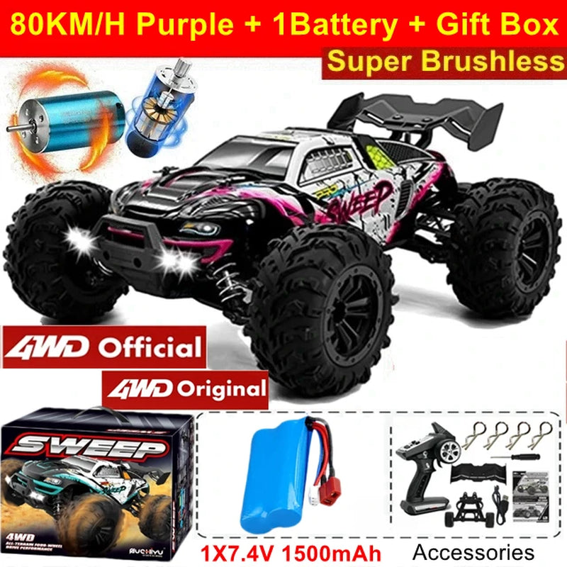 1:16 80Km/H Brushless RC Drift Car with LED Lights  Electric High Speed Racing Remote Control Monster Truck for Kids Adults