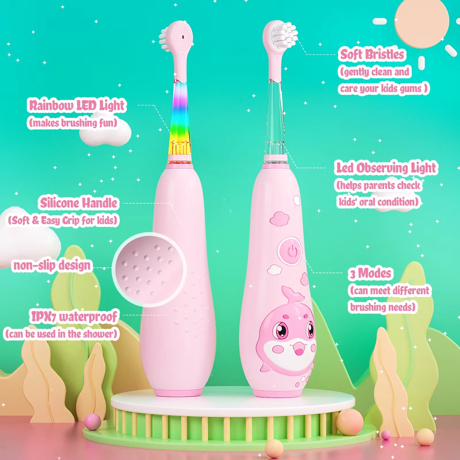 Kids Electric Toothbrush Child Dolphin Colorful Observing LED 2 Mins Smart Timer IPX7 Waterproof Teeth Cleaning