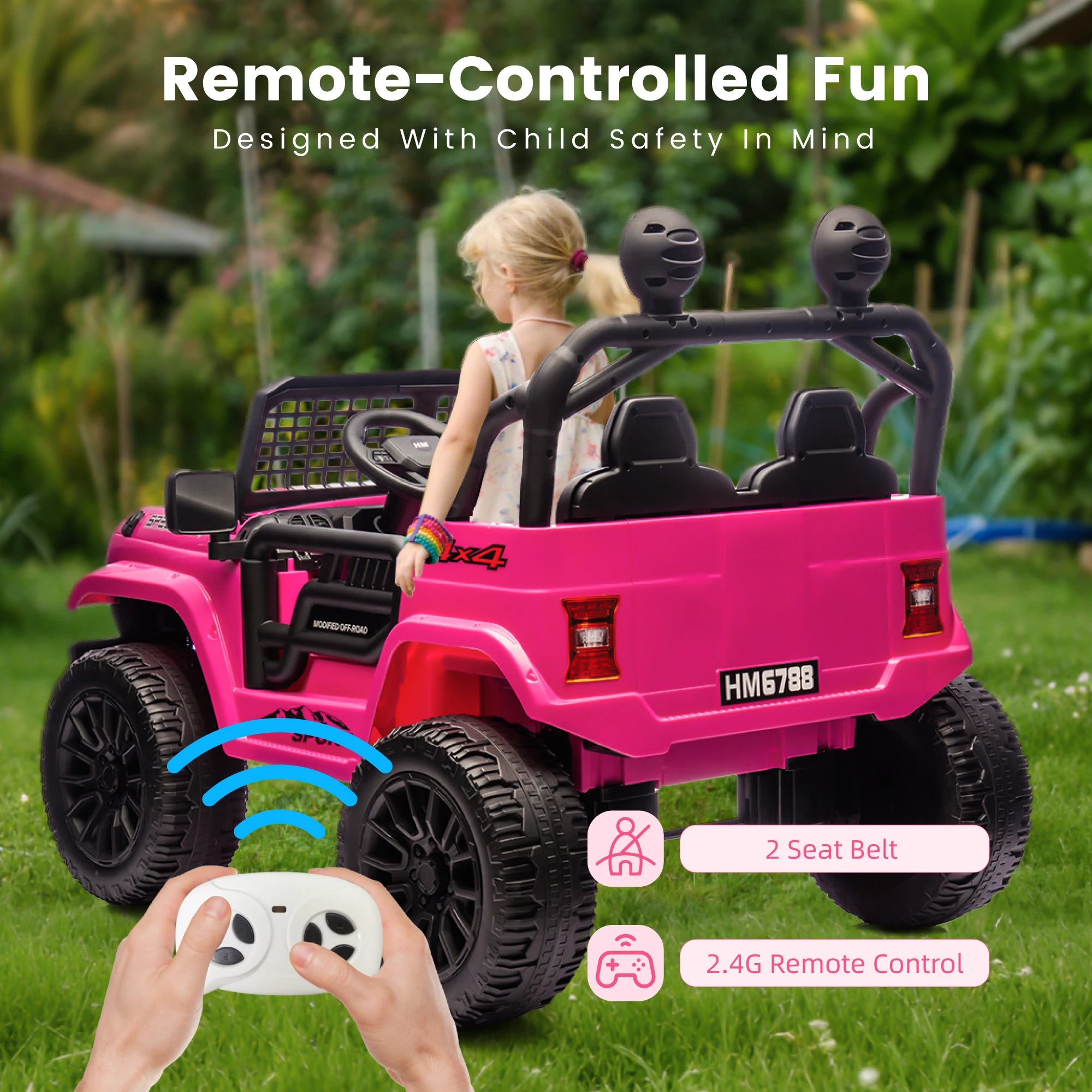 24V Two Seater Electric Car for Kids, Ride on Car with Remote Control, with 3 Speeds Adjustable, LED Headlight, Bluetooth, Music