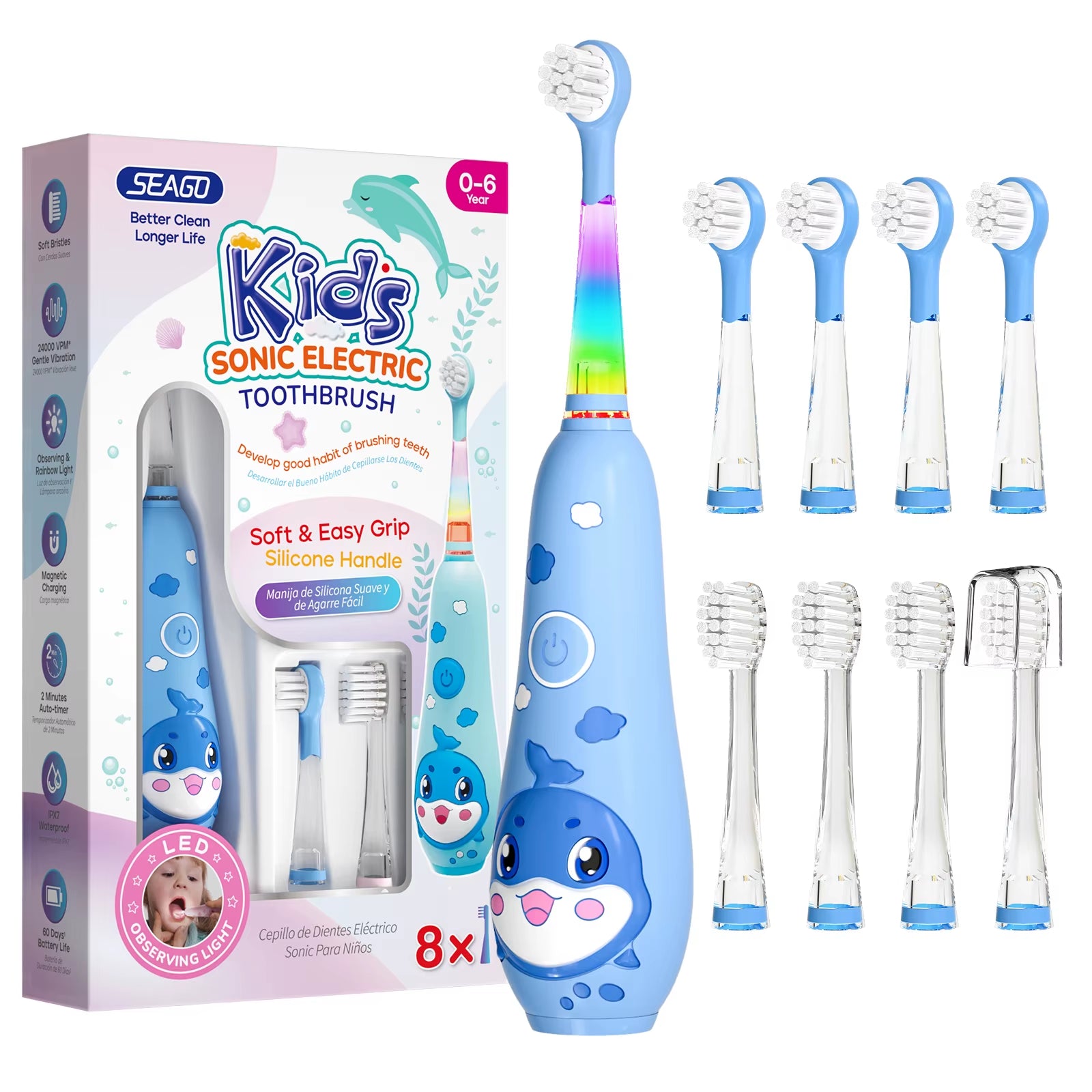 Kids Electric Toothbrush Child Dolphin Colorful Observing LED 2 Mins Smart Timer IPX7 Waterproof Teeth Cleaning