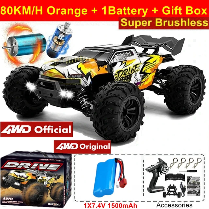 1:16 80Km/H Brushless RC Drift Car with LED Lights  Electric High Speed Racing Remote Control Monster Truck for Kids Adults