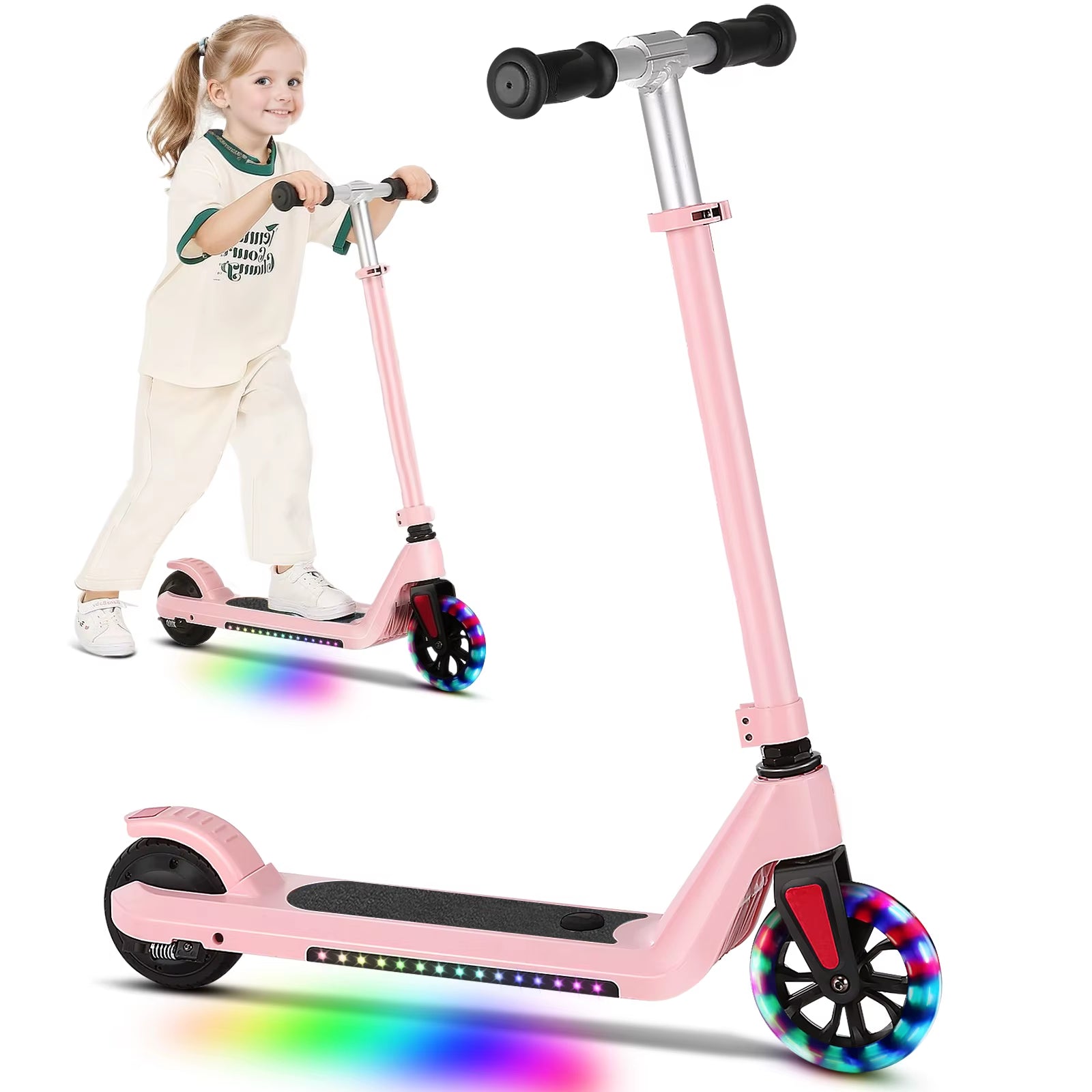 Electric Scooter for Kids Ages 6-14,120W Motor,Colorful Light,Adjustable Height&Speed,Foldable Scooter,Ul 1 Year Warranty