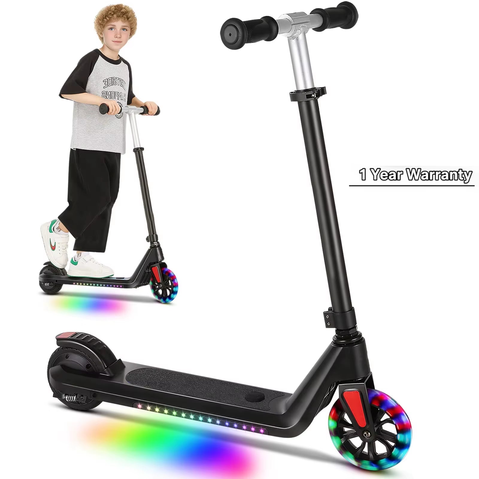 Electric Scooter for Kids Ages 6-14,120W Motor,Colorful Light,Adjustable Height&Speed,Foldable Scooter,Ul 1 Year Warranty