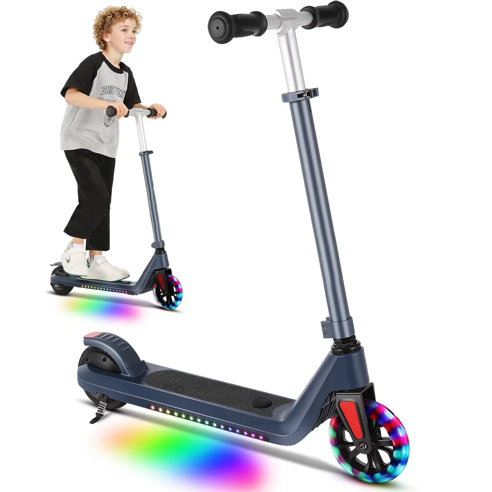 Electric Scooter for Kids Ages 6-14,120W Motor,Colorful Light,Adjustable Height&Speed,Foldable Scooter,Ul 1 Year Warranty