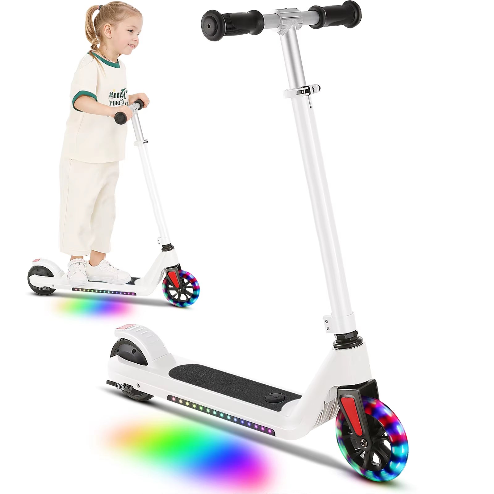Electric Scooter for Kids Ages 6-14,120W Motor,Colorful Light,Adjustable Height&Speed,Foldable Scooter,Ul 1 Year Warranty