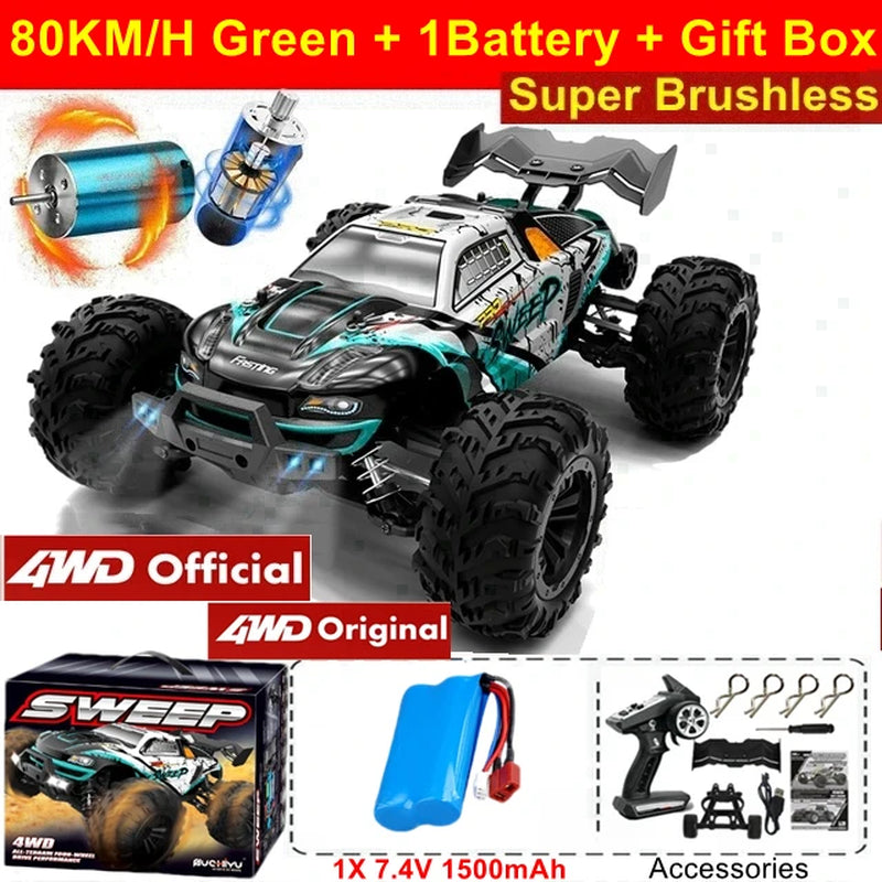 1:16 80Km/H Brushless RC Drift Car with LED Lights  Electric High Speed Racing Remote Control Monster Truck for Kids Adults