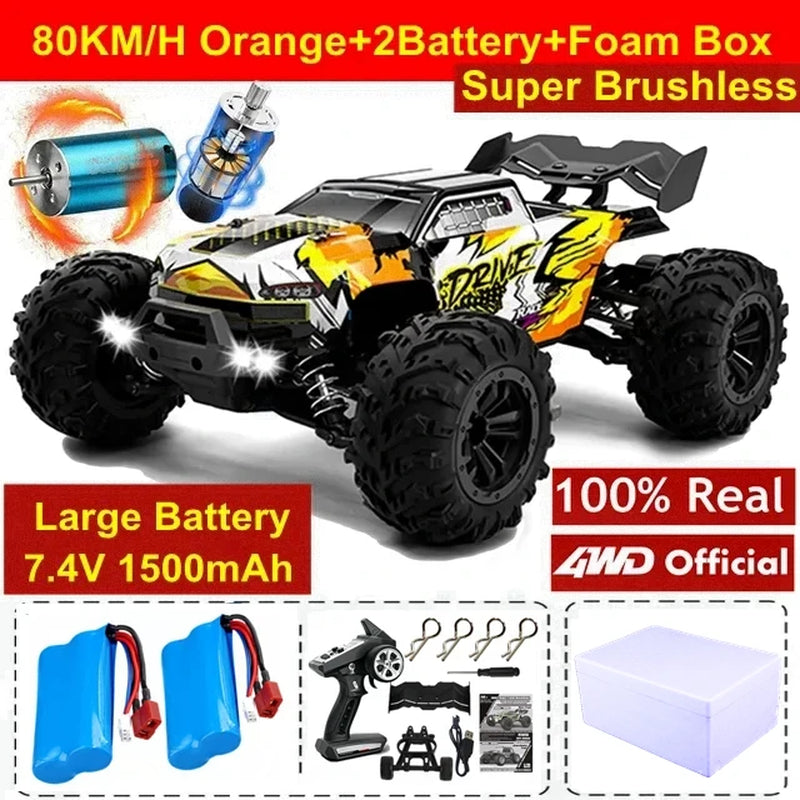 1:16 80Km/H Brushless RC Drift Car with LED Lights  Electric High Speed Racing Remote Control Monster Truck for Kids Adults
