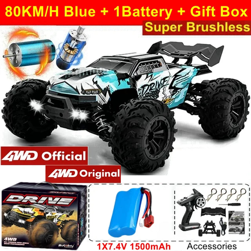 1:16 80Km/H Brushless RC Drift Car with LED Lights  Electric High Speed Racing Remote Control Monster Truck for Kids Adults