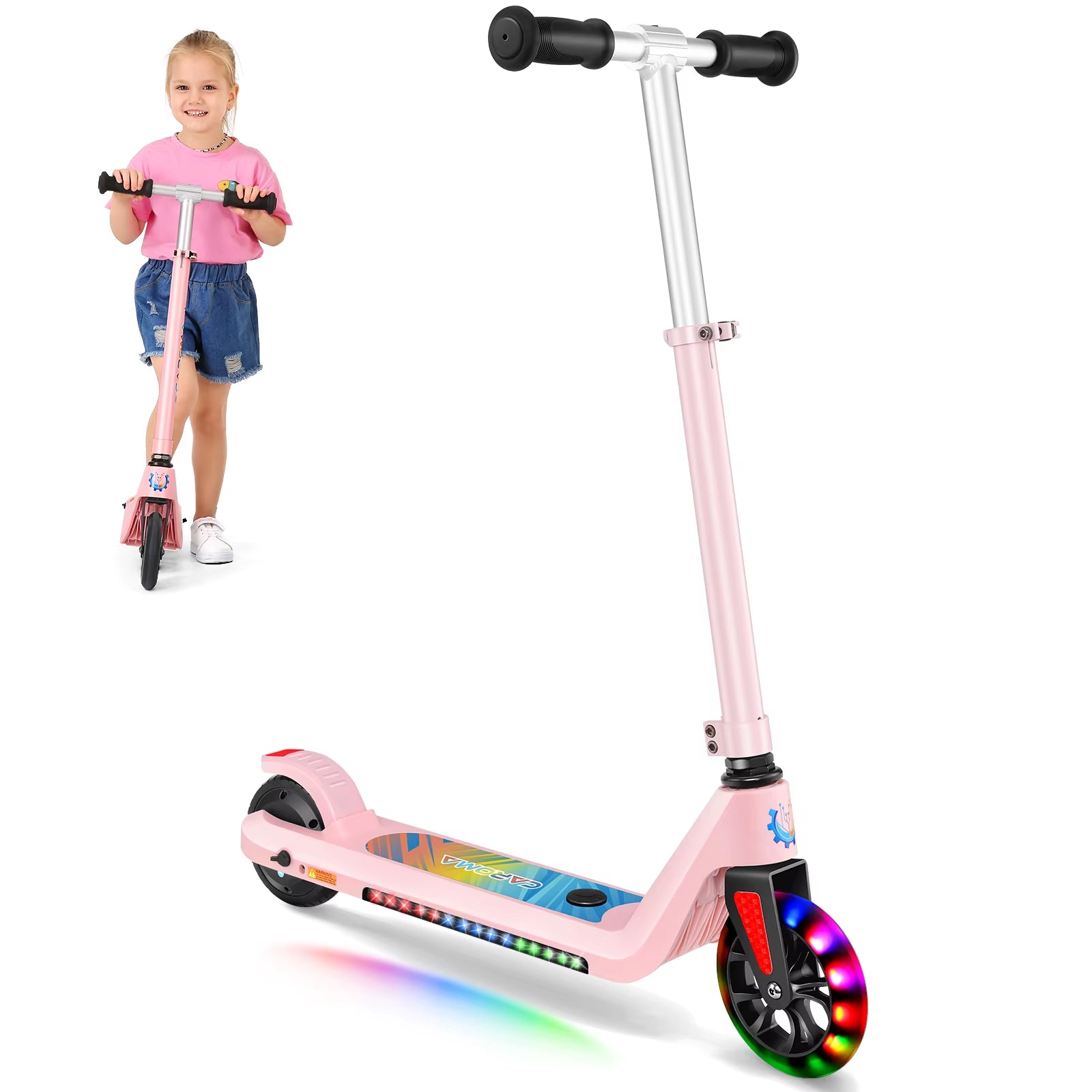Electric Scooter for Kids Ages 6-12,120W Motor,10 MPH Max Speed & 7 Miles,Colorful Lights,Adjustable Height & Speed,Led