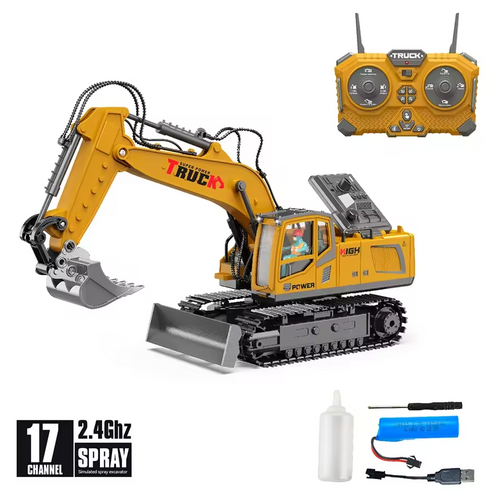 1/18 RC Spray Excavator Truck Alloy 17CH Engineering Vehicle Sound Lighting 680 Degree Rotation Car Kids Toys Boy Birthday Gift