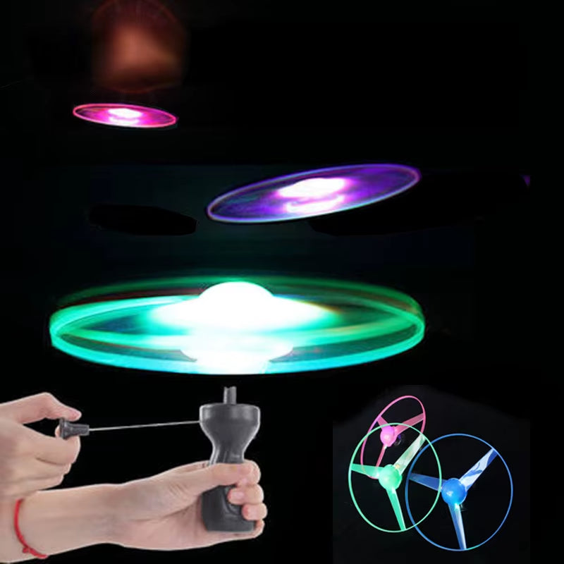 Kid Sports Pull Line Saucer Toys Children Outdoor Fun Rotating Flying Toy LED Light Processing Flash Flying Toy for Parks Beach