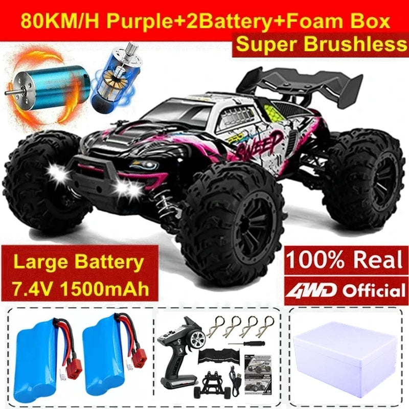 1:16 80Km/H Brushless RC Drift Car with LED Lights  Electric High Speed Racing Remote Control Monster Truck for Kids Adults