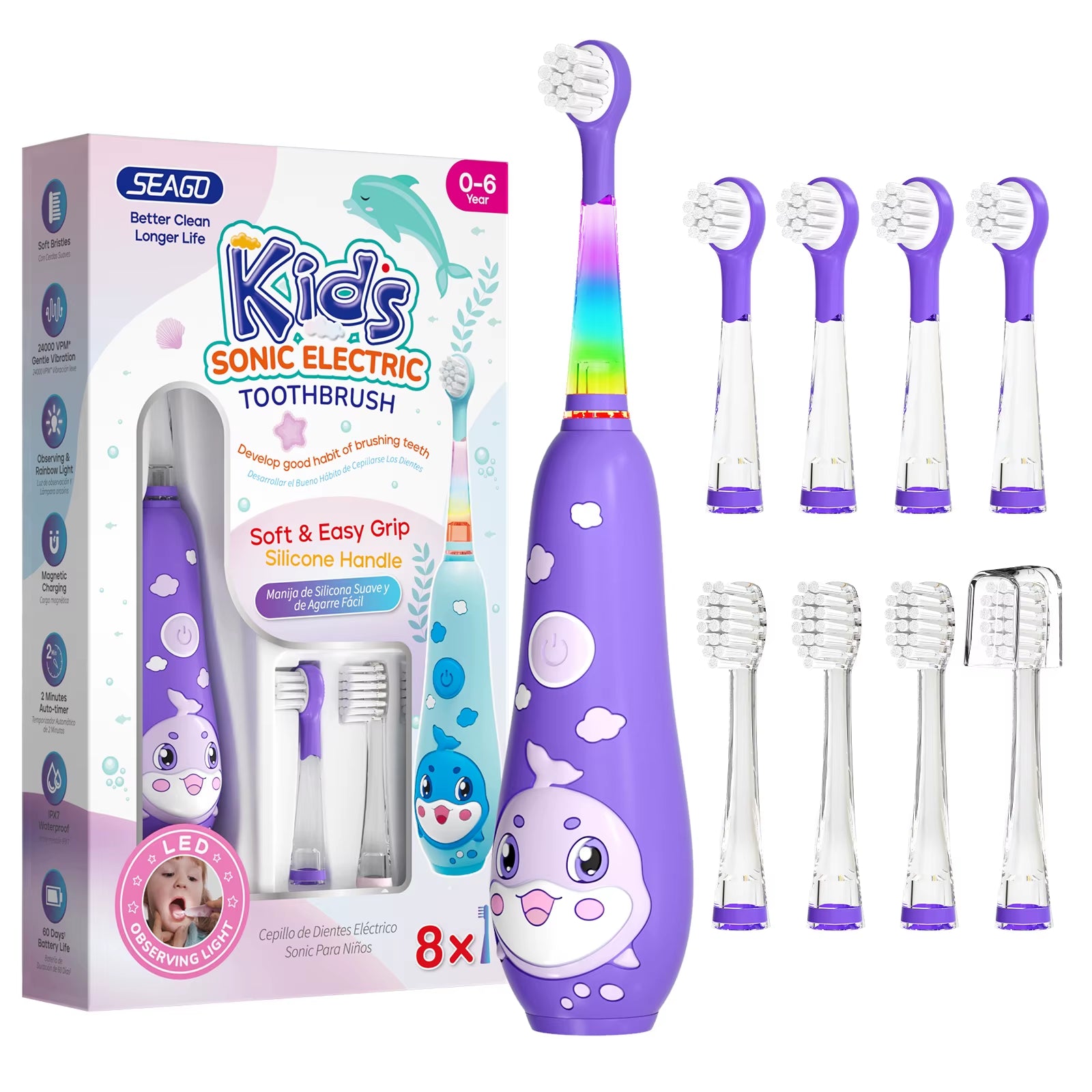 Kids Electric Toothbrush Child Dolphin Colorful Observing LED 2 Mins Smart Timer IPX7 Waterproof Teeth Cleaning