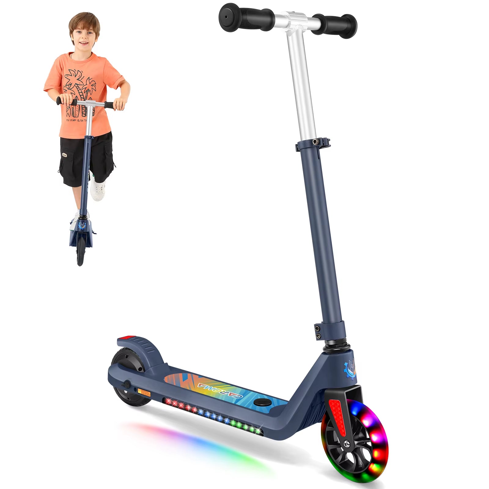 Electric Scooter for Kids Ages 6-12,120W Motor,10 MPH Max Speed & 7 Miles,Colorful Lights,Adjustable Height & Speed,Led