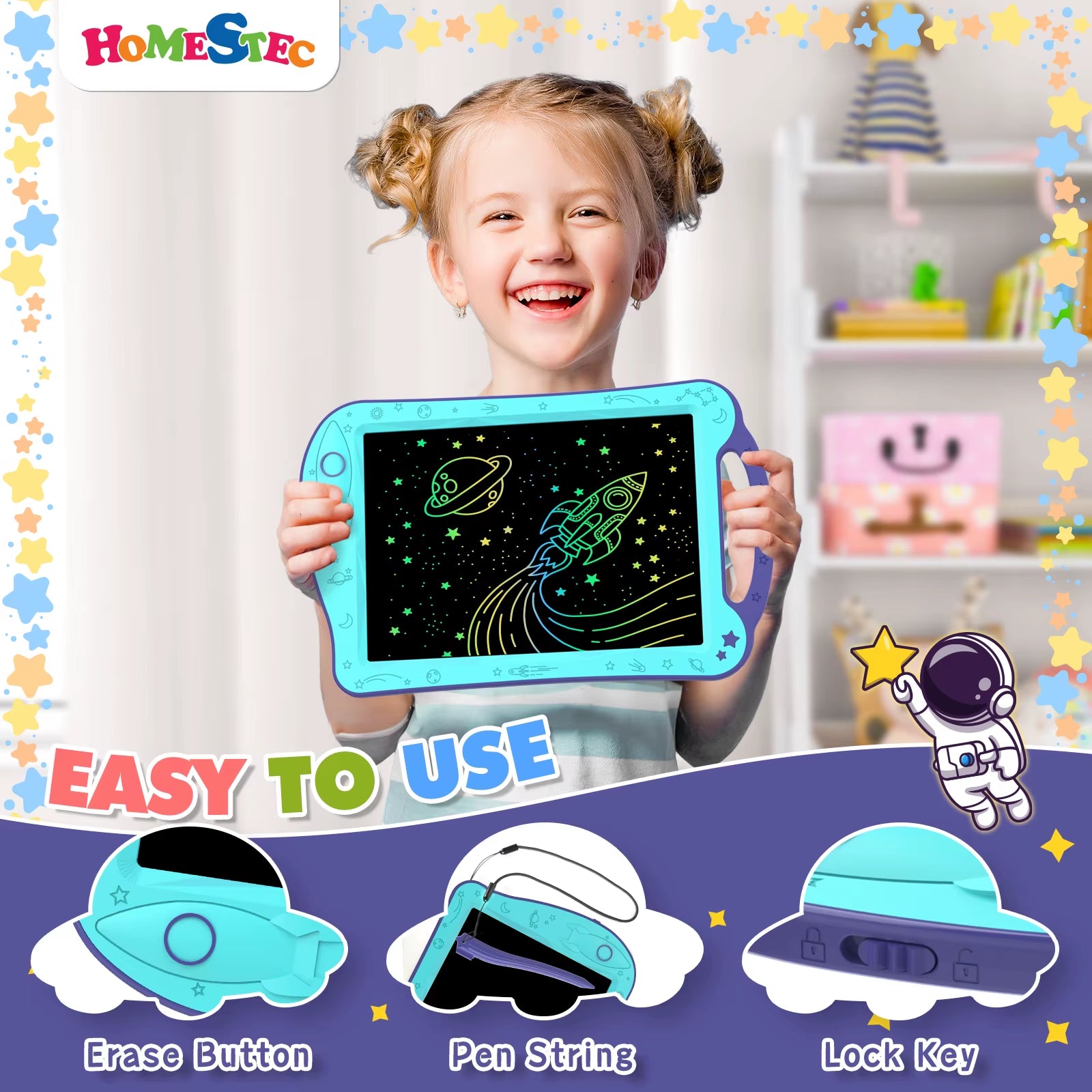 Astrodraw Colored Drawing Tablet for Kids Travel Activities Toy Space Doodle Board Autism Sensory Toddler Gifts for Birthday