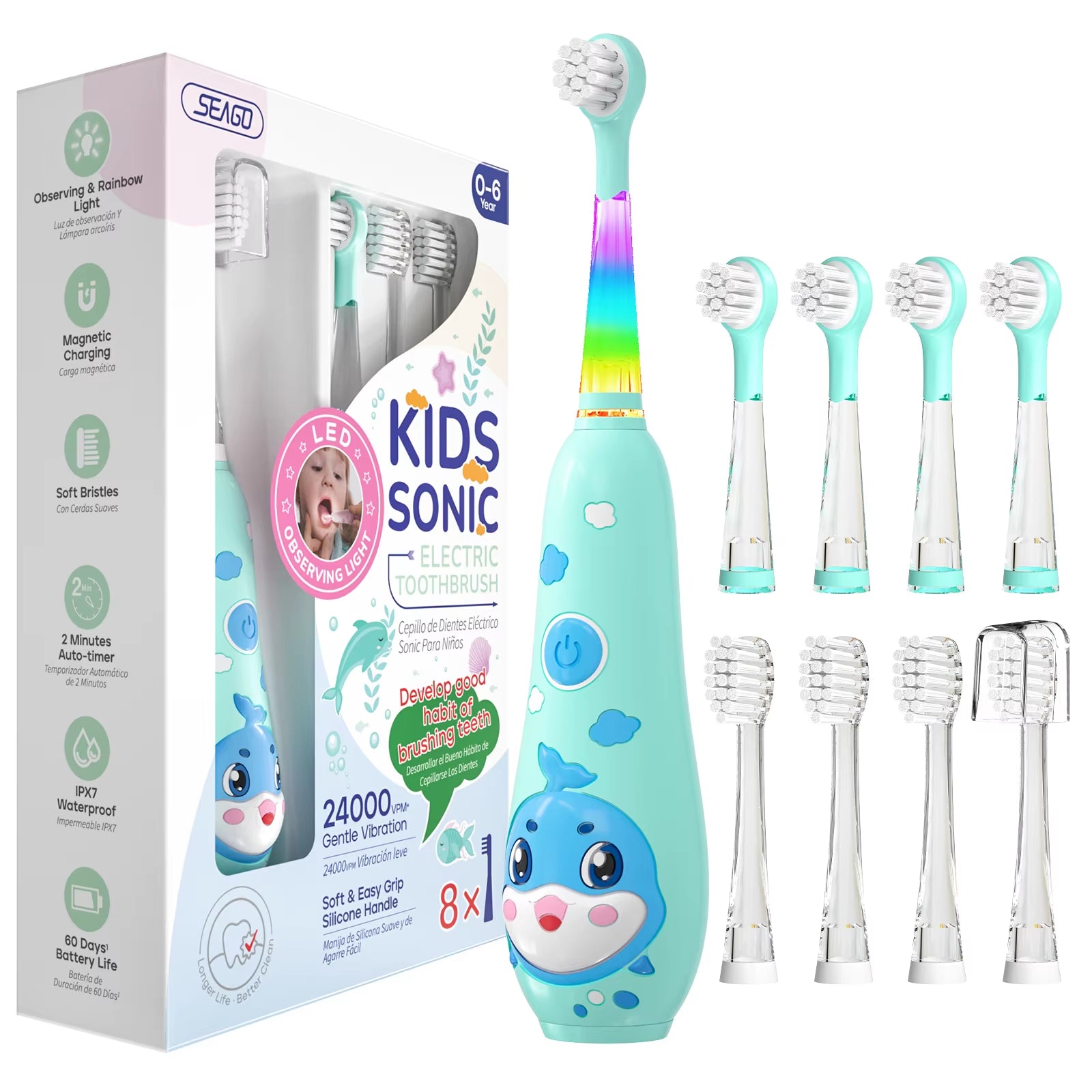 Kids Electric Toothbrush Child Dolphin Colorful Observing LED 2 Mins Smart Timer IPX7 Waterproof Teeth Cleaning