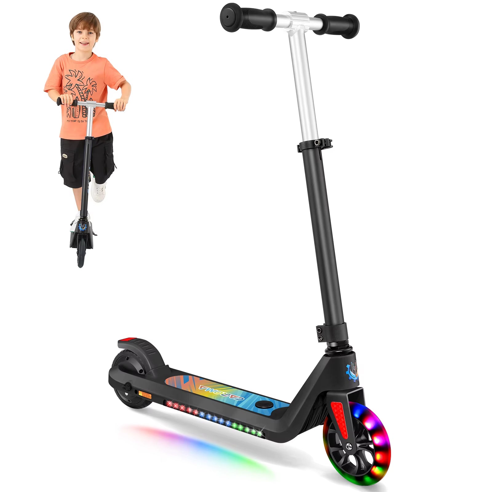 Electric Scooter for Kids Ages 6-12,120W Motor,10 MPH Max Speed & 7 Miles,Colorful Lights,Adjustable Height & Speed,Led